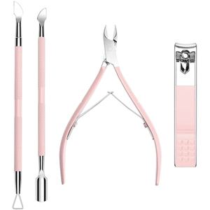 Cuticle Trimmer with Cuticle Pusher and Nail Clipper - 4 PCS Cuticle Cutter Nipper Remover Pedicure Manicure Tools, Professional Stainless Steel Dead Skin Clipper for Fingernails Toenails Pink