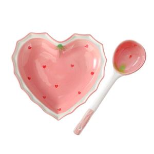 ABOOFAN Heart Shaped Bowl and Spoon Set Strawberry Pattern Ceramic Bowl Ceramic Spoon Kawaii Kitchenware for Cereal Salad Dessert Breakfast Serving and Home Decor
