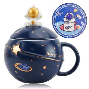 Kawaii Astronaut Cup, Space Embossed Astronaut Mug, Cute Ceramic Coffee Cup with Lid, Spoon & Coaster - 450ml Capacity for Coffee, Tea, Milk, Ideal Room Decor & Funny Gift for Kids Girl Boy Women, Men