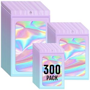 Funfery 300 Pack 3Size Mylar Holographic Bags with Clear Window,Purple Blue