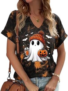 Earlymemb Women Fall Halloween Doodles V Neck Shirt Thanksgiving Casual Tee, F-tiedye, Small