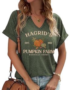 Women Fall Halloween Doodles V Neck Shirt Funny Family Party Celebration Short Sleeve Tee Pumpkin Graphic Thanksgiving Tops, Ph-green, Small