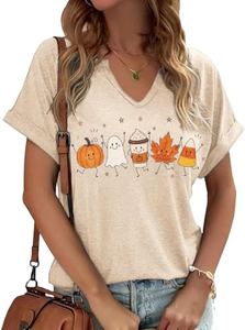 Earlymemb Women Fall Halloween Doodles V Neck Shirt Thanksgiving Casual Tee, 6apricot, Small