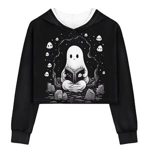 DISNIMO Girls Crop Top Hoodies Size 5-14 Kids Youth Long Sleeve Hoodie Hooded Sweatshirt Pullover, Halloween Ghost, 13-14 Years