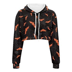 YEXIATODO Casual Sweatshirts Long Sleeve Crop Top Hoodies for Women Teens, Trendy Bat, Small