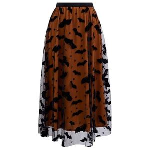 CHICWISH Women's Pumpkin Tulle Tutu Skirt Velvet Bats Elastic Waist Halloween Party Layered Mesh Midi Skirt Halloween Costume, Pumpkin, Small-Medium