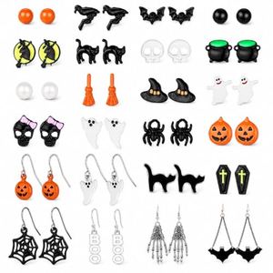 24 Pairs Halloween Stud Earrings Sets Bat Cat Witch Stud Earrings Set Spider Web Pumpkin Spooky Face Drop earrings Halloween Jewelry for Women