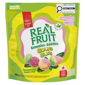 REALFRUIT Sours Summerfruit Burst Gummy Candy Large Pack - Made with Real Fruit, Vegan, Gluten & Peanut-Free, Snack for Adults and Children, Proudly Canadian Company, Watermelon, Peach, Cherry, 650g