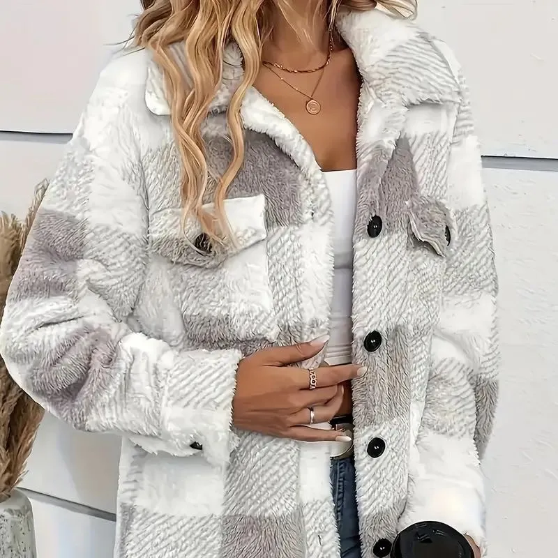 Women's Plaid Button Front Long Sleeve Warm Winter Jacket, Elegant Fall Outerwear