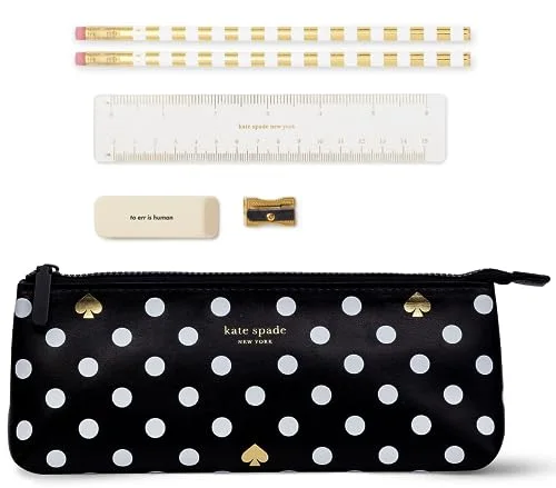 kate spade new york Pen and Pencil Case with Office Supplies, Zip Pouch Includes 2 Pencils, Sharpener, Eraser, and Ruler, Polka Dots (black/white)