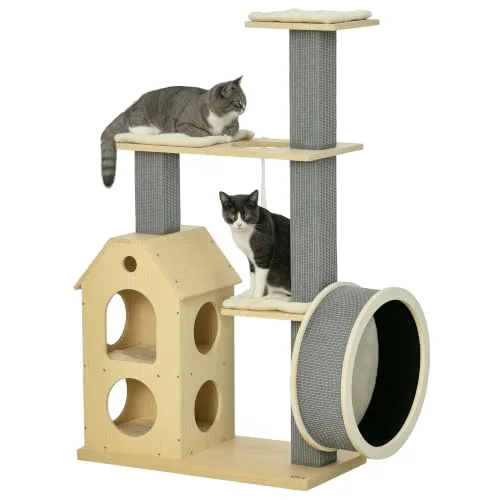 PawHut Modern Cat Tree with Exercise Wheel