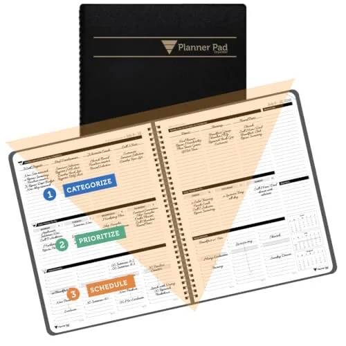 Planner Pad Spiral Bound July 2026 – June 2027 / Academic Year 6 3/4" x 8 1/2" Medium 3-Tier Funnel Down 12 Month/Weekly Organizer, Black Cover/Black Ink