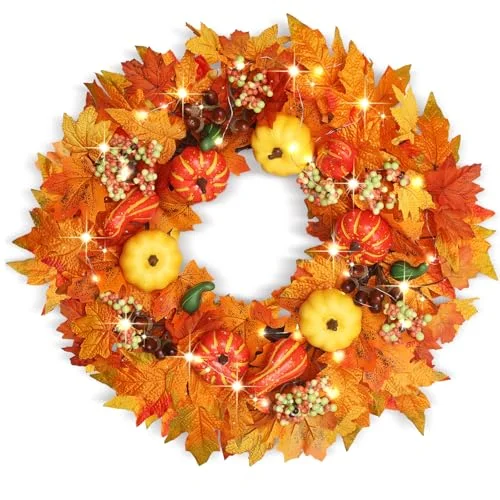 Lighted Pumpkin Wreath 20"