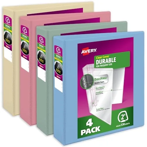 Avery Durable View 3 Ring Binders, 2 Inch Slant Rings, 530-Sheet Capacity, Assorted Pastel Colors, 4-Pack (05636) – for School, Office, Teachers, Classrooms & Home Organization