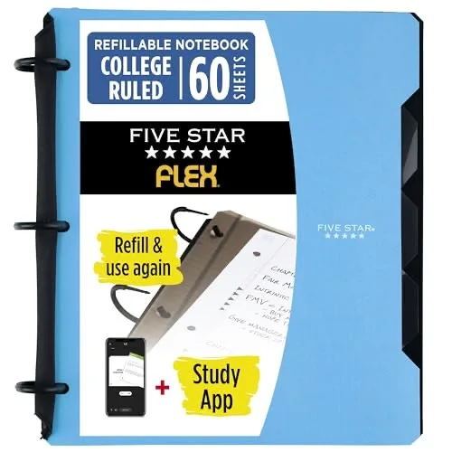 Five Star Flex Refillable Notebook + Study App, College Ruled Paper and 1 Inch TechLock Ring Binder with Pockets, Tabs and Dividers, 200 Sheet Capacity, Pacific Blue (293280AD2)