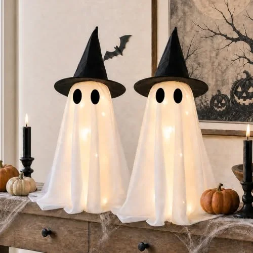 Light-Up Ghosts with Witch Hats (Set of 2)