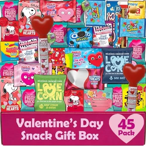 Valentine's Day Gift Care Package, 45 Count, Individually Wrapped Chocolate, Bulk Candy and Snacks Variety Assortment, Heart Candy, Lovecorn and More, Valentines Candy Gift Box for Kids, Adults, College Students, Family