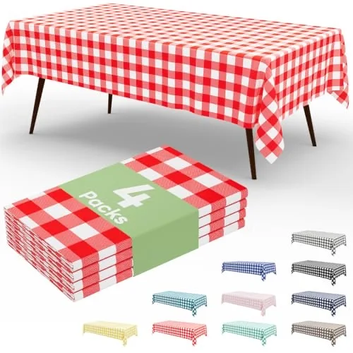 misaya 4 Packs Buffalo Disposable Table Cloth, 54 x 108 Inch Waterproof Plastic Tablecloth, Rectangle Red and White Checkered Table Covers for Picnic, Birthday, Party, Back to School
