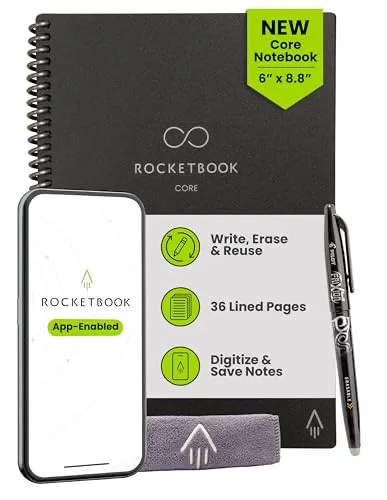 Rocketbook Core Reusable Smart Notebook, Executive Size 6x8.8, Black
