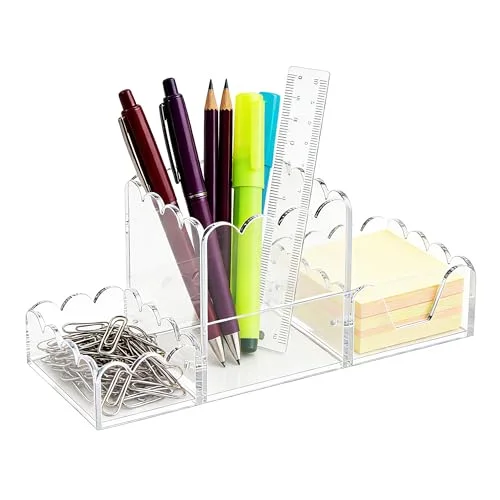 Acrylic Desk Organizer Set of 3,Magnetic Modular Pen Holder with Sticky Note & Paperclip Tray, Clear Aesthetic Desk Accessories for Home Office, Desk Decor for Women Men, Small Space Office Supplies