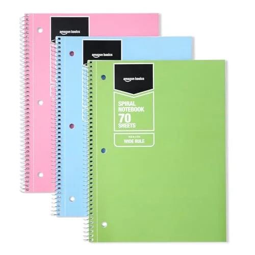 Amazon Basics Wide Ruled Spiral Notebook, For Work and School, 70 Sheets, 8" x 10.5", 3 pack, Assorted Pastel Solid Colors
