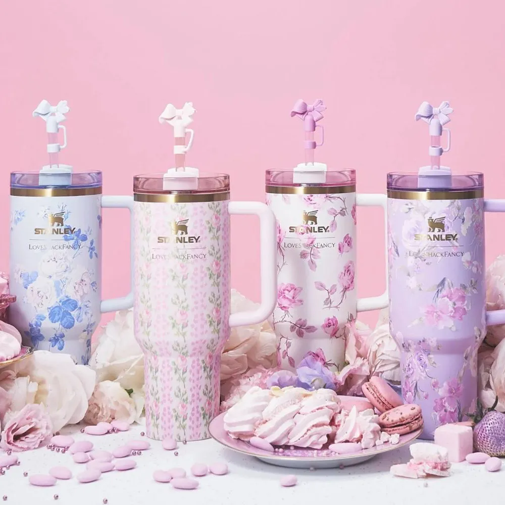 The new Stanley x LoveShackFancy collection features floral patterns and romantic accents