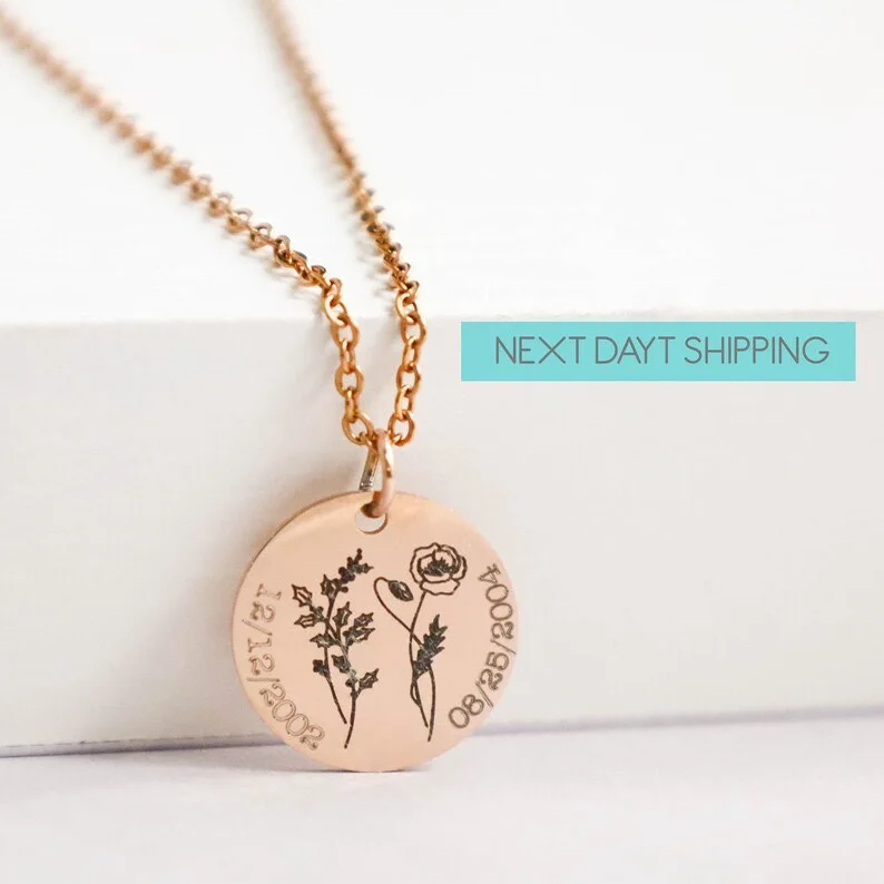 Birth Flower Necklace, Birth Month Birth Flower With Custom Text, Floral necklace, poppy flower, flower necklace, mother daughter necklace