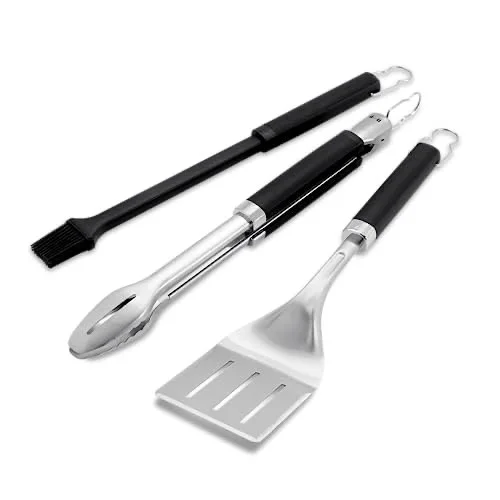 Weber Precision 3‑Piece Grilling Tool Set – Stainless Steel Tongs, Spatula & Silicone Basting Brush with Non‑Slip Handles and Hands‑Free Locking - Grill Accessory Kit