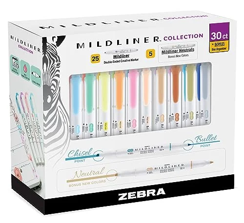 Zebra Pen Mildliner Double-Ended Highlighter Set, Broad and Fine Point Tips, Ideal for Bible Highlighting, No Bleed, 30 Pastel and Neutral ink Colors, Pack of 30