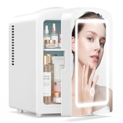 Xbeauty Skincare Mini Fridge With Dimmable LED Mirror, 4L Mini Makeup Refrigerator for SkinCare, Cosmetics, Food & Drinks, Portable Small Refrigerator for Bedroom, Dorm, Car, Office, White
