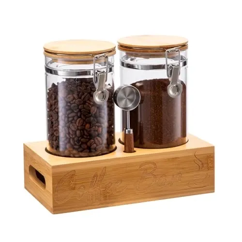 Spreccio Coffee Canister Set with Shelf, 2 x 50oz Coffee Bean Canister Storage Station Organizer with Airtight Lid for Kitchen, Food Storage with Scoop for Ground, Sugar, Cereal and Tea