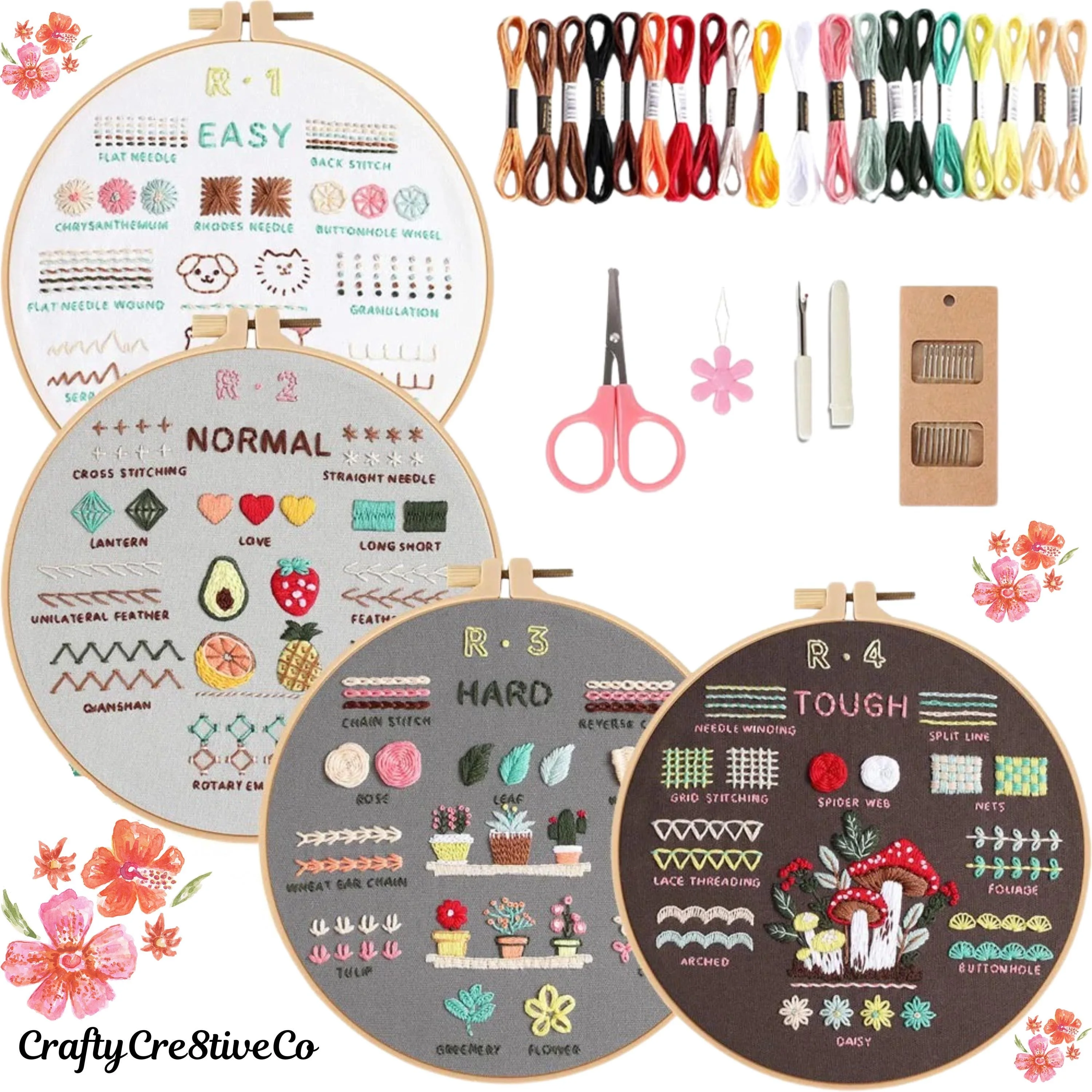 Beginner Embroidery Kit Set, 4 Patterns (Etsy)