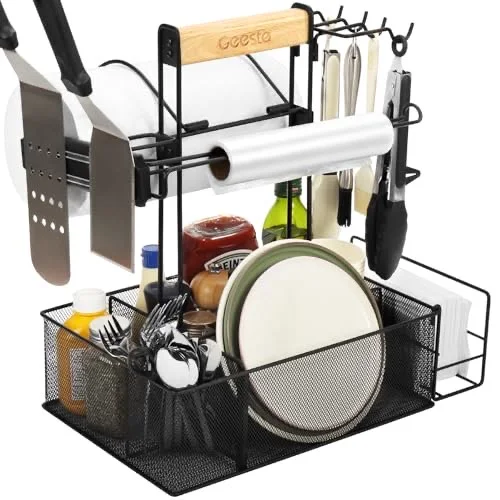 Geesta Grill Caddy for Outdoor Grill, BBQ Picnic Camping Caddy with Paper Towel Holder & Magnetic Tool Holder, Condiment Storage Utensil Kitchen Organizer for RV Camper, Tailgate Accessories