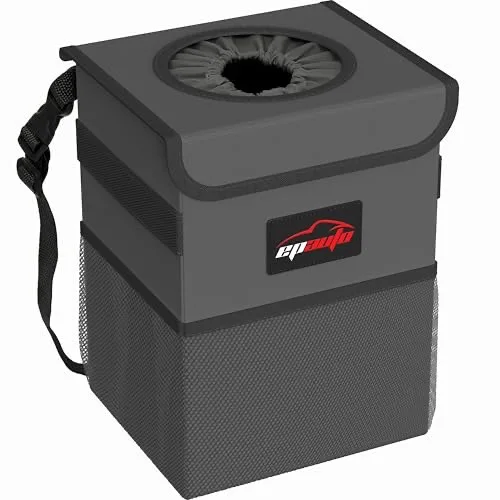 EPAuto Waterproof Car Trash Can with Lid and Pockets, 2.5 Gal, Dark Gray