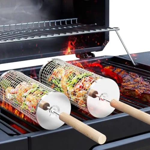 Rolling Grill Basket, Removable Wooden Handle, 304 Stainless Steel, Nesting BBQ Tools, Smoker Grilling Accessories for Vegetable, Outdoor Cooking Camping, Birthday Gifts for Men Dad Husband