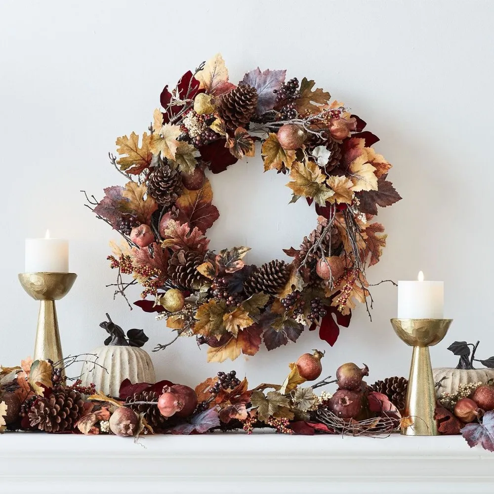 Faux Pomegranate & Pinecone Wreath & Garland