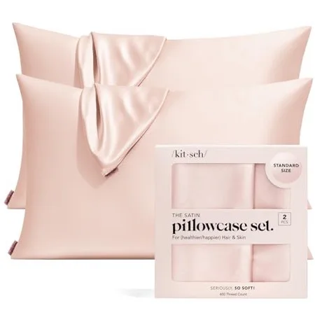 Kitsch Satin Pillowcase with Zipper for Hair & Skin, Softer Than Silk Pillow Cases Queen, Wrinkle-Free, Smooth and Cooling Satin Pillow Covers, Standard Size 19"x26" - Blush, 2pcs