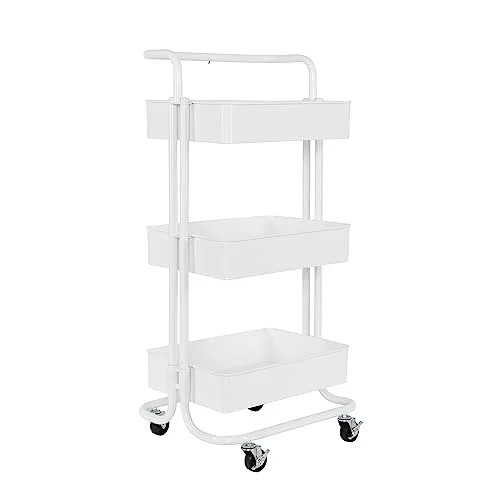 Seville Classics 3 Bin Metal Rolling Storage Utility Cart Organizer Trolley w/Lockable Wheels for Office, Art Supplies, School, Salon, Kitchen, Garage, Home, White w/Handle
