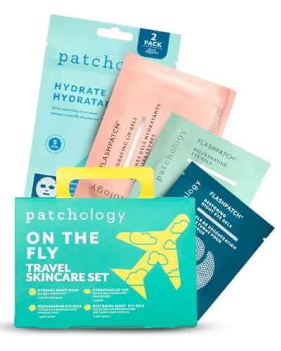 Patchology On The Fly Travel Facial Kit – Travel-Friendly Hydrating Skincare Essentials for Face, Eyes and Lips – Includes 2 Pair Under Eye Patches, 2 Hydrate Sheet Mask for Refreshed Skin,1 Lip Mask