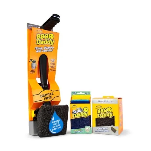 Scrub Daddy BBQ Daddy Grill Cleaner Kit - Bristle Free Grill Brush with Refill + 2 Steel Scour Daddy Grill Sponges - Built-in Grill Scraper - Temperature Controlled Grill Cleaning Tools (4 Count)