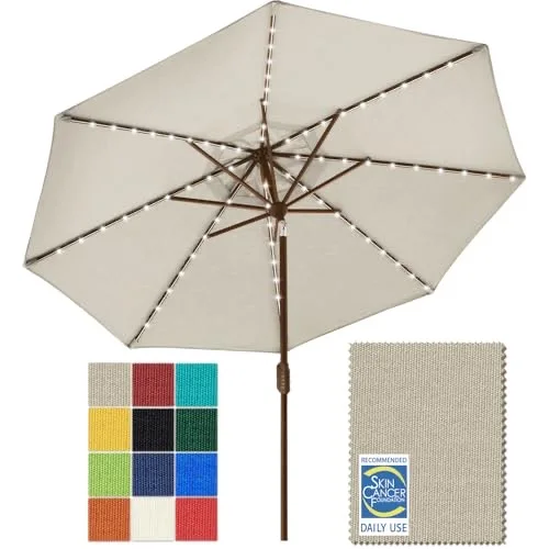 EliteShade USA 10-Year-Non-Fading 9ft Market Patio Umbrella, Commercial Grade Table Sun Umbrella with 80 Solar LED Lights, Crank Open, Windproof & UPF 50+ UV Protection for Garden, Deck, Pool, Backyard, Antique Beige