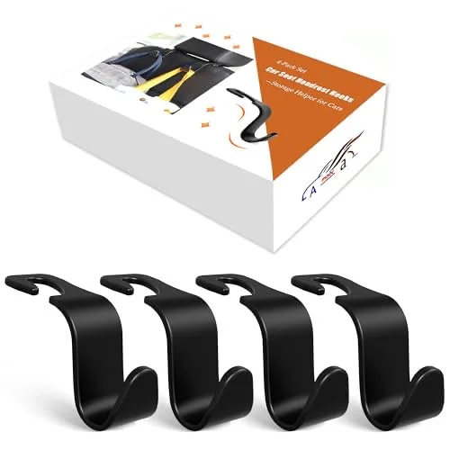 Amooca 4-Pack Car Headrest Hooks –Holds 55lbs Vehicle Storage Organizer for Purses Handbags Groceries Backpack Coats 360° Rotating Black