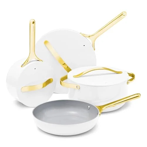 Caraway Nonstick Ceramic Cookware Set (12 Piece) Pots, Pans, Lids and Kitchen Storage - Non Toxic - Oven Safe & Compatible with All Stovetops - White