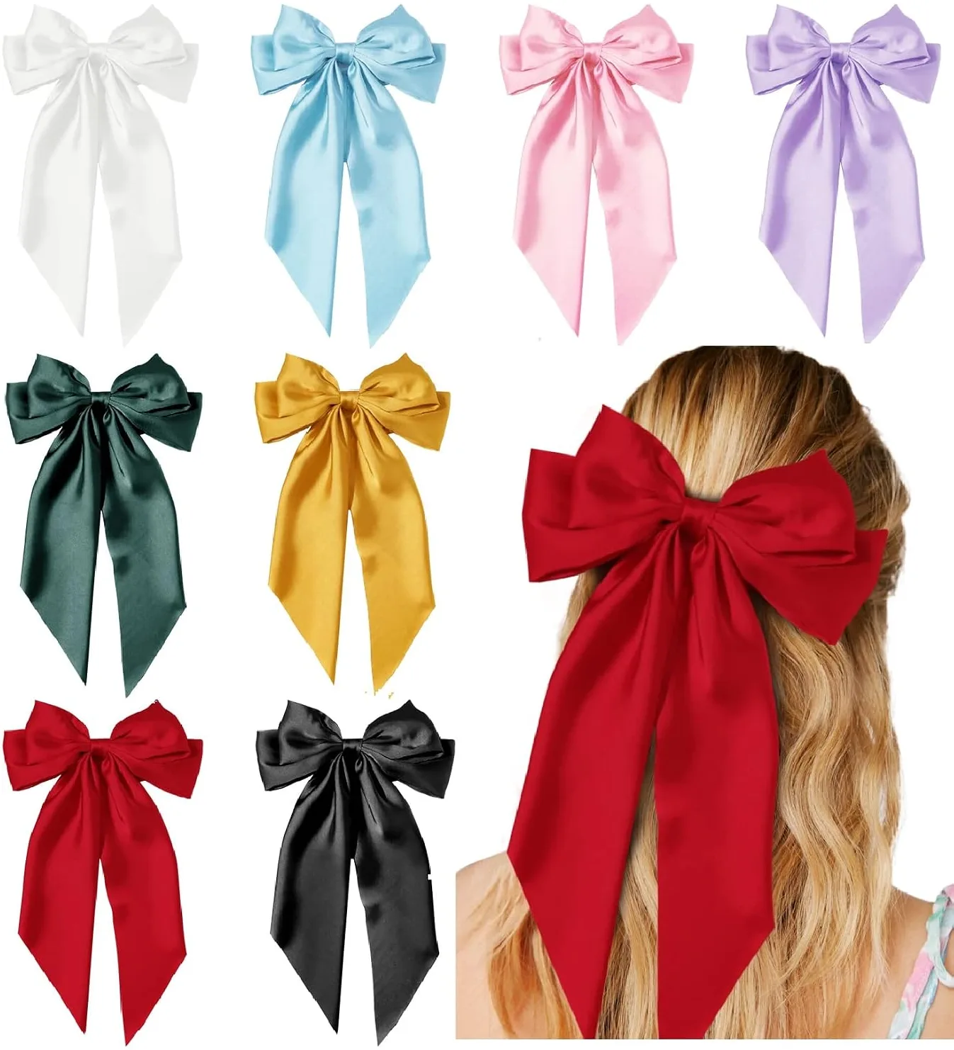 6. Satin Ribbon Hair Bows (8-Pack, Long Tails)