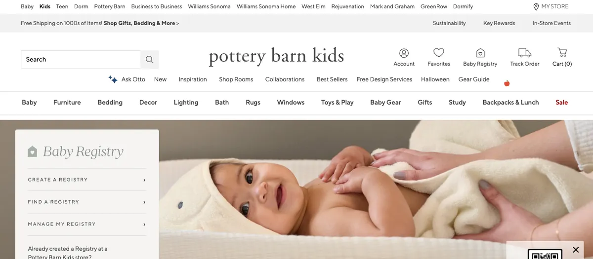 Pottery Barn Kids baby registry page with nursery design services