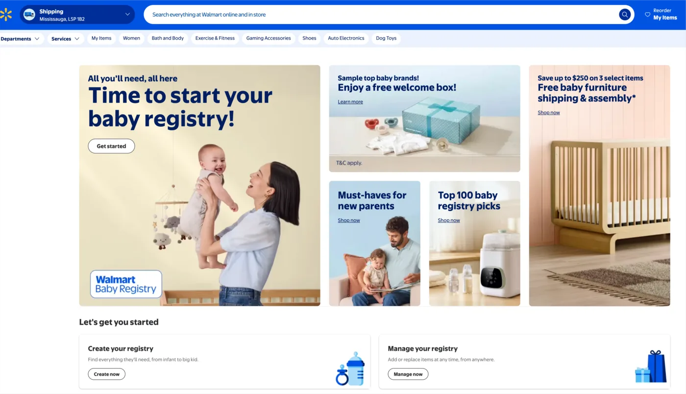 Walmart Baby Registry page with free welcome box and top 100 registry picks