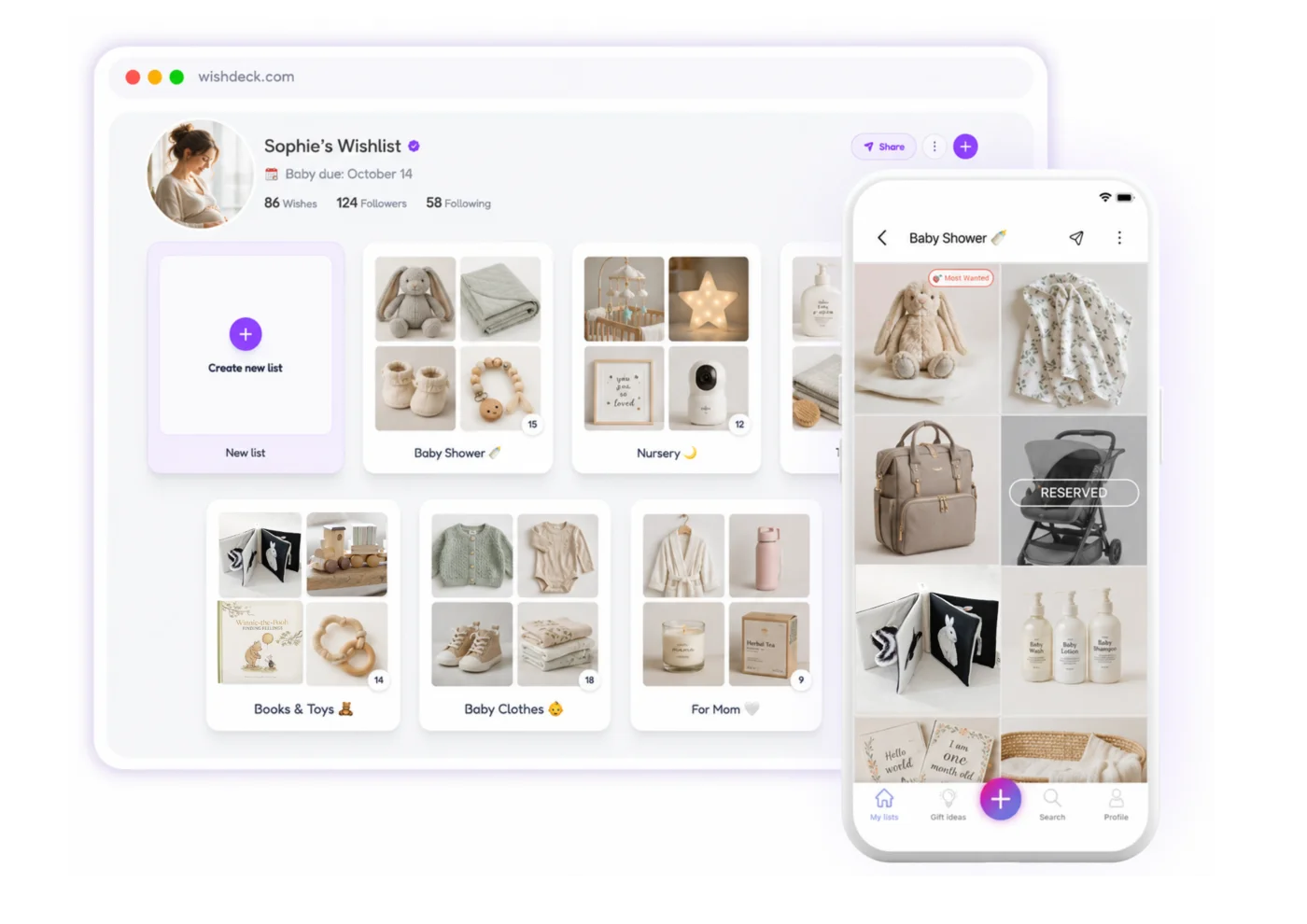 WishDeck baby wishlist on web and mobile — Baby Shower, Nursery and Clothes lists with a reserved stroller