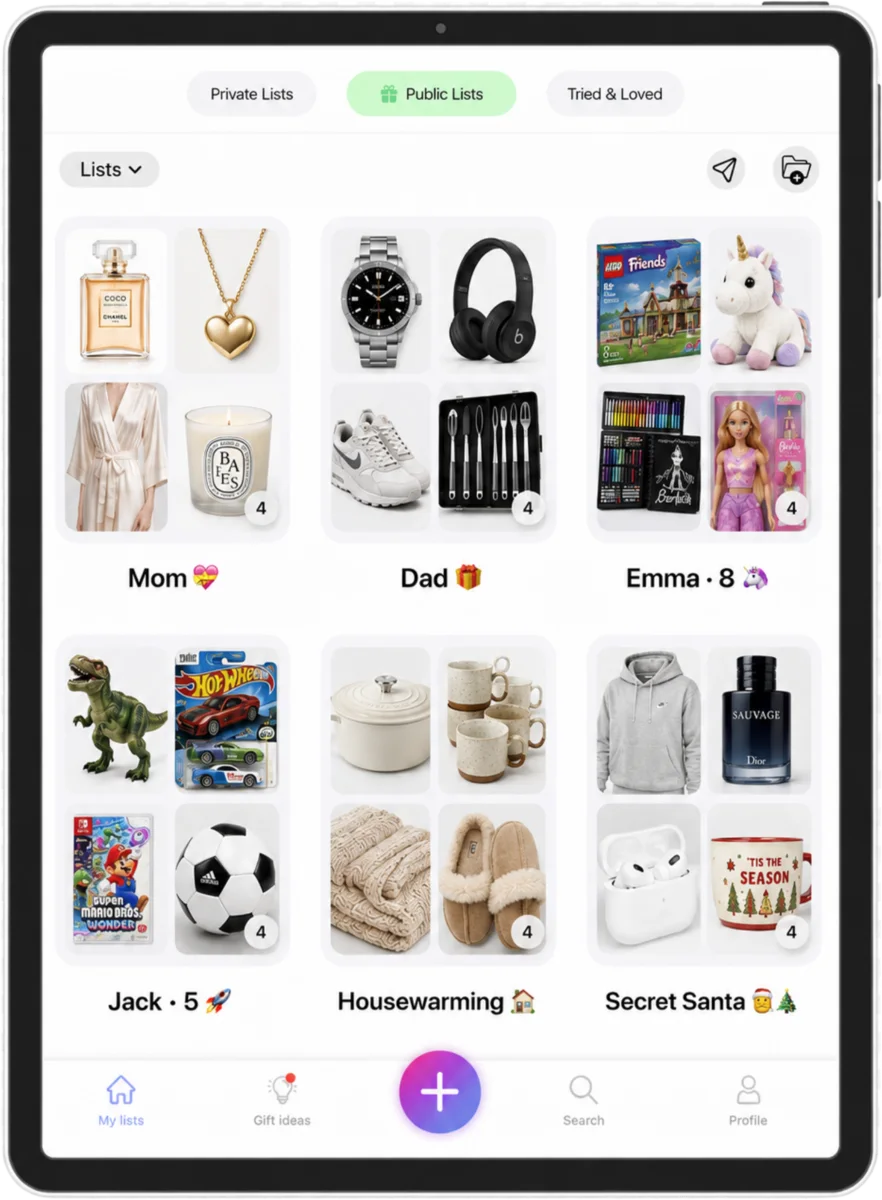 WishDeck lists for every family member on one account — Mom, Dad, Emma 8, Jack 5, Housewarming and Secret Santa