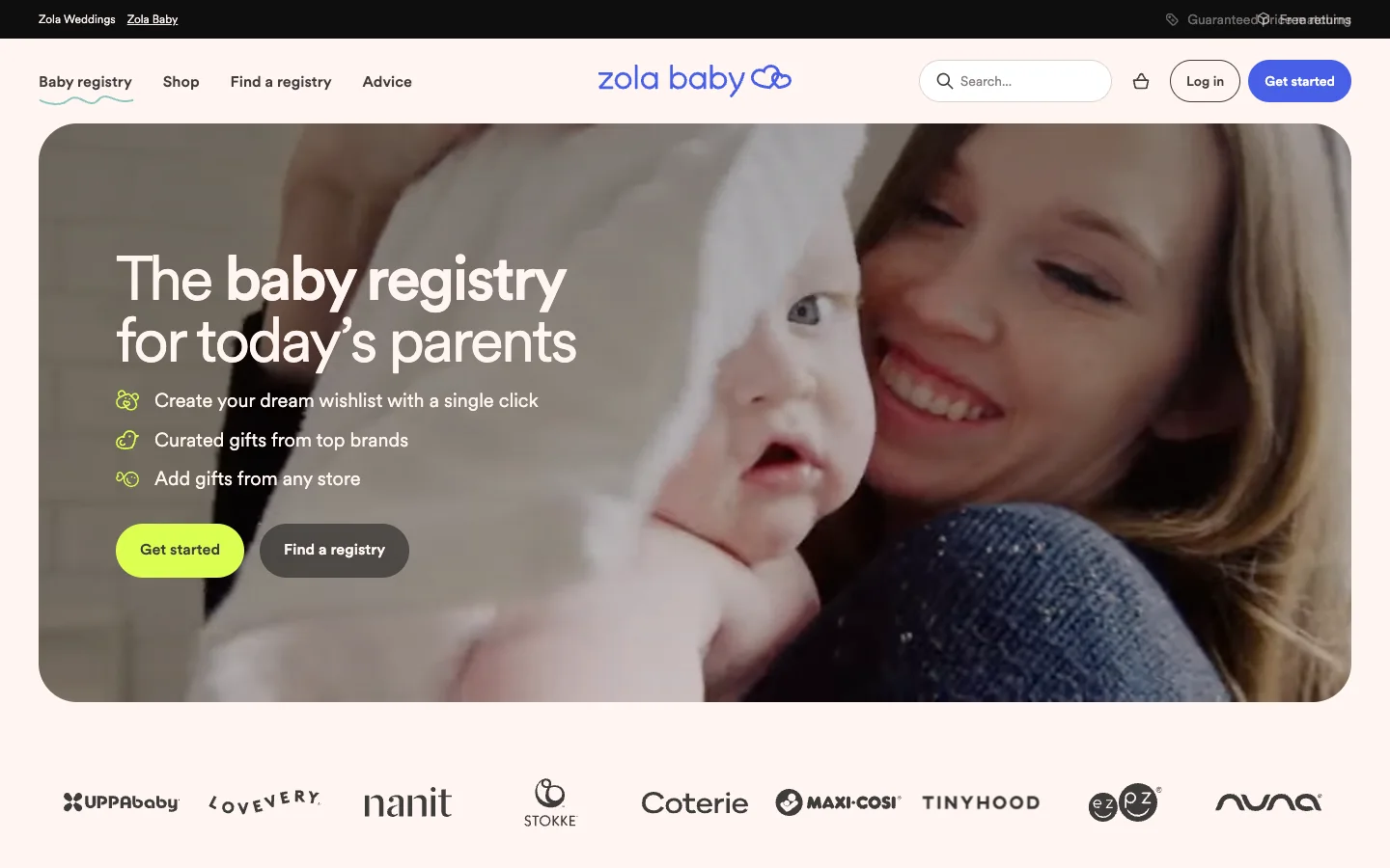 Zola Baby registry homepage — the baby registry for today