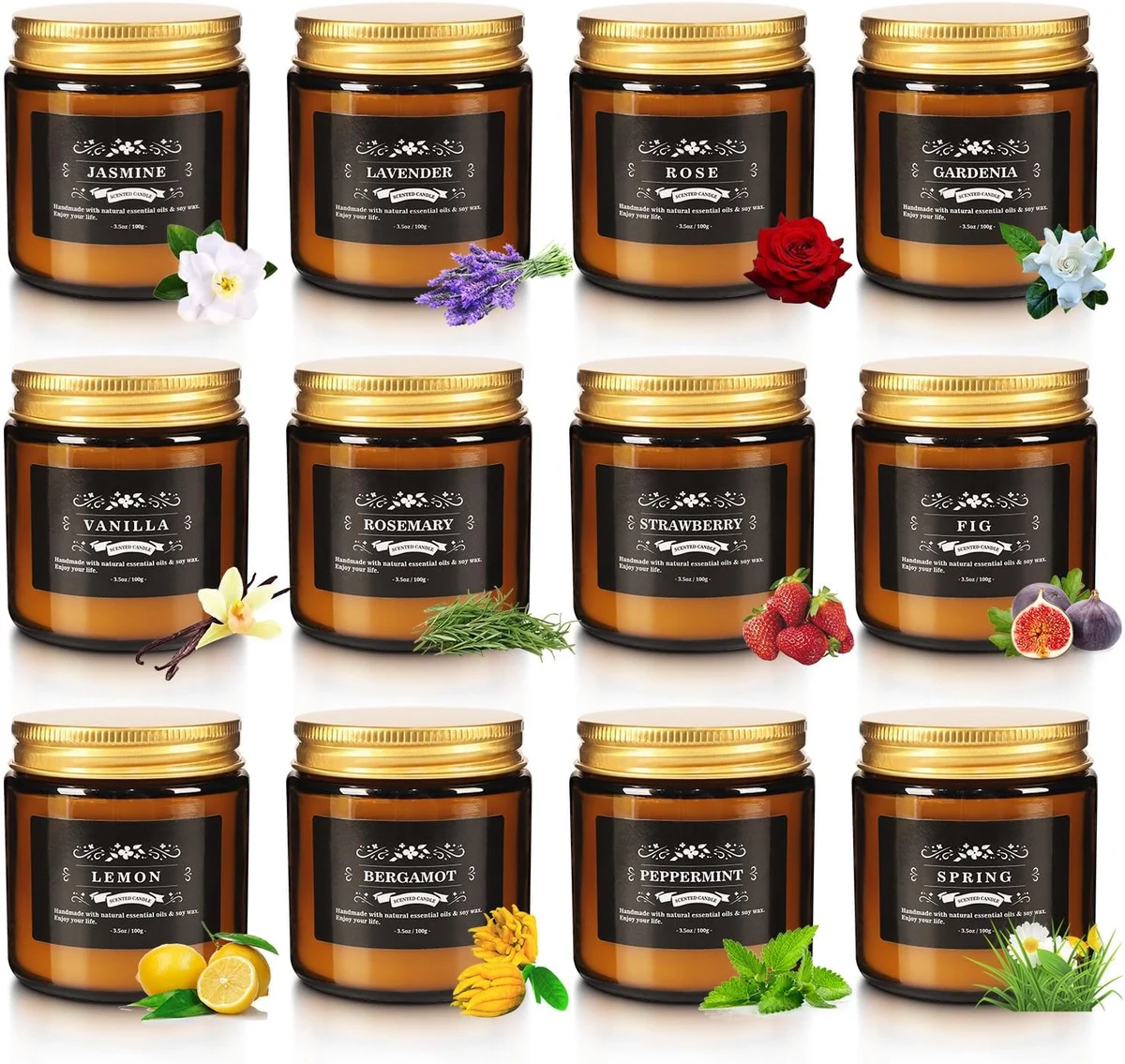 Scented Candle Set (12 Pack, Soy Wax, 3.5 oz